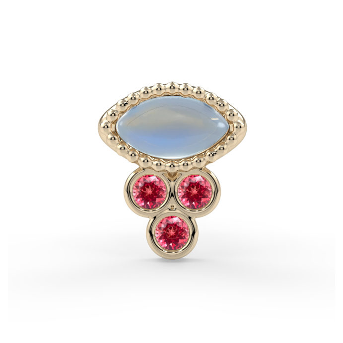 Oculus Divina End - Moonstone Marquise Cabochon 4x2, 1mm Padparadscha Winza Sapphire Faceted Round