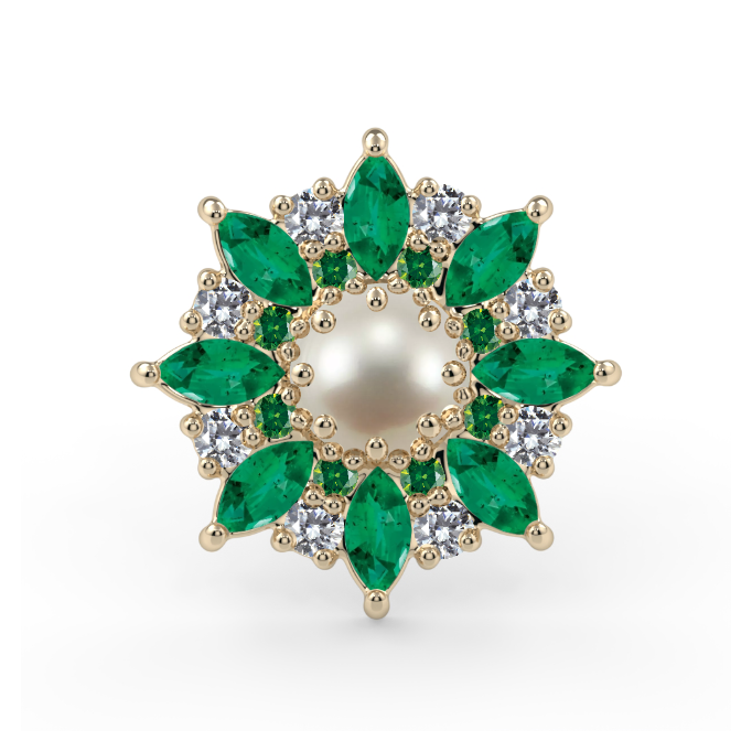 Josephine End - Pearl Standard 3mm Genuine Round, Emerald AA 3x1.5mm Genuine Marquise Faceted, 0.8mm SI1 Dark Green Diamond Round - Heat Treated, 0.9mm VS1 Diamond Round